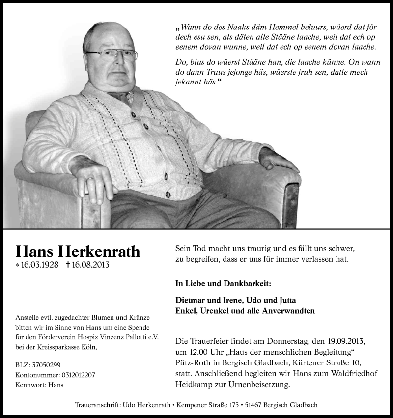  Traueranzeige für Hans Herkenrath vom 24.08.2013 aus Kölner Stadt-Anzeiger / Kölnische Rundschau / Express