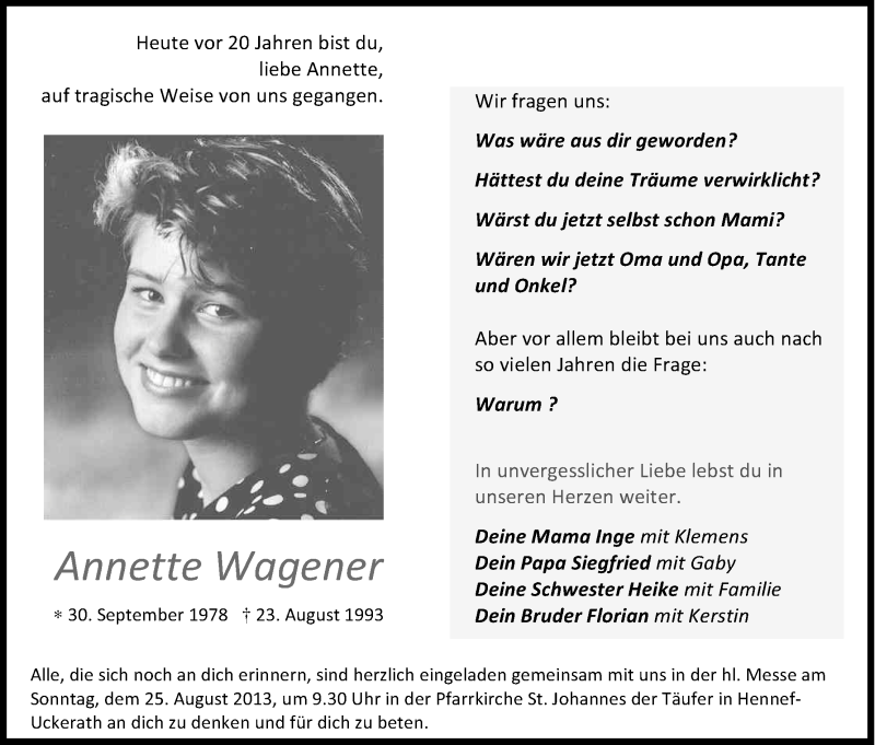  Traueranzeige für Annette Wagener vom 23.08.2013 aus Kölner Stadt-Anzeiger / Kölnische Rundschau / Express