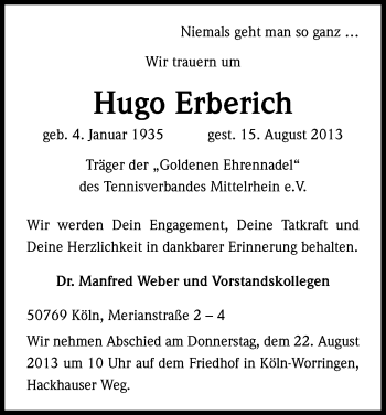 Anzeige von Hugo Erberich von Kölner Stadt-Anzeiger / Kölnische Rundschau / Express