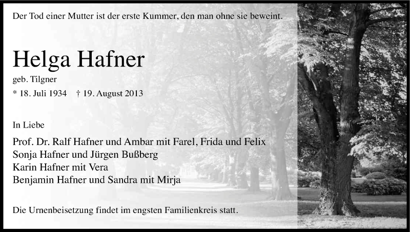  Traueranzeige für Helga Hafner vom 24.08.2013 aus Kölner Stadt-Anzeiger / Kölnische Rundschau / Express