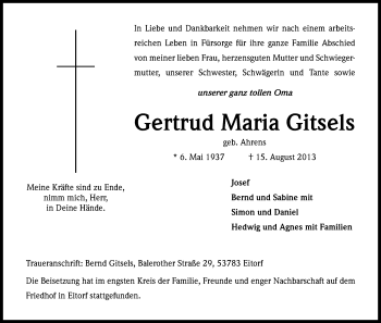Anzeige von Gertrud Maria Gitsels von Kölner Stadt-Anzeiger / Kölnische Rundschau / Express