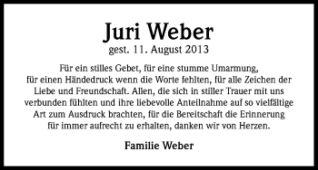 Anzeige von Juri Weber von Kölner Stadt-Anzeiger / Kölnische Rundschau / Express