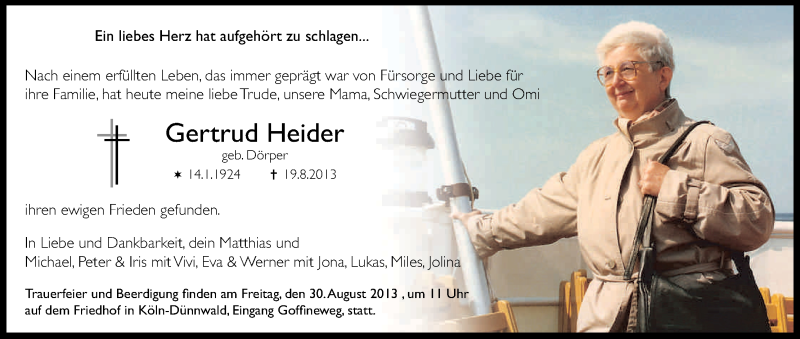  Traueranzeige für Gertrud Heider vom 24.08.2013 aus Kölner Stadt-Anzeiger / Kölnische Rundschau / Express
