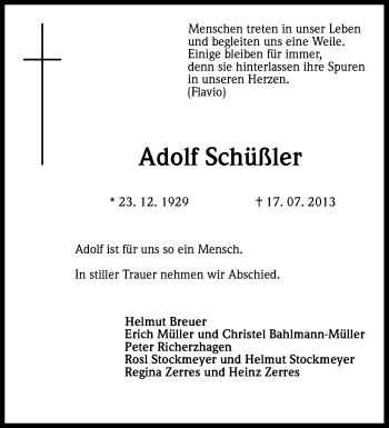 Anzeige von Adolf Schüßler von Kölner Stadt-Anzeiger / Kölnische Rundschau / Express