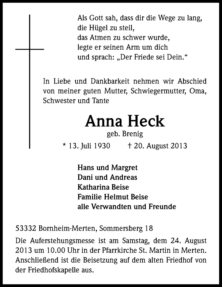  Traueranzeige für Anna Heck vom 22.08.2013 aus Kölner Stadt-Anzeiger / Kölnische Rundschau / Express