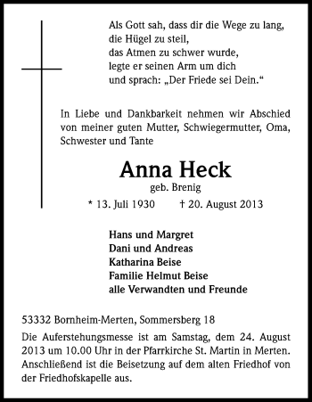 Anzeige von Anna Heck von Kölner Stadt-Anzeiger / Kölnische Rundschau / Express