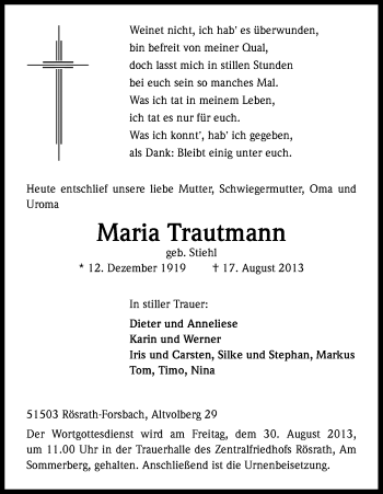 Anzeige von Maria Trautmann von Kölner Stadt-Anzeiger / Kölnische Rundschau / Express
