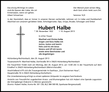 Anzeige von Hubert Halbe von Kölner Stadt-Anzeiger / Kölnische Rundschau / Express