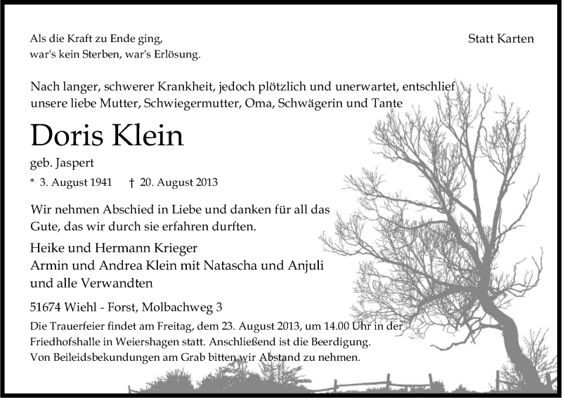  Traueranzeige für Doris Klein vom 22.08.2013 aus Kölner Stadt-Anzeiger / Kölnische Rundschau / Express