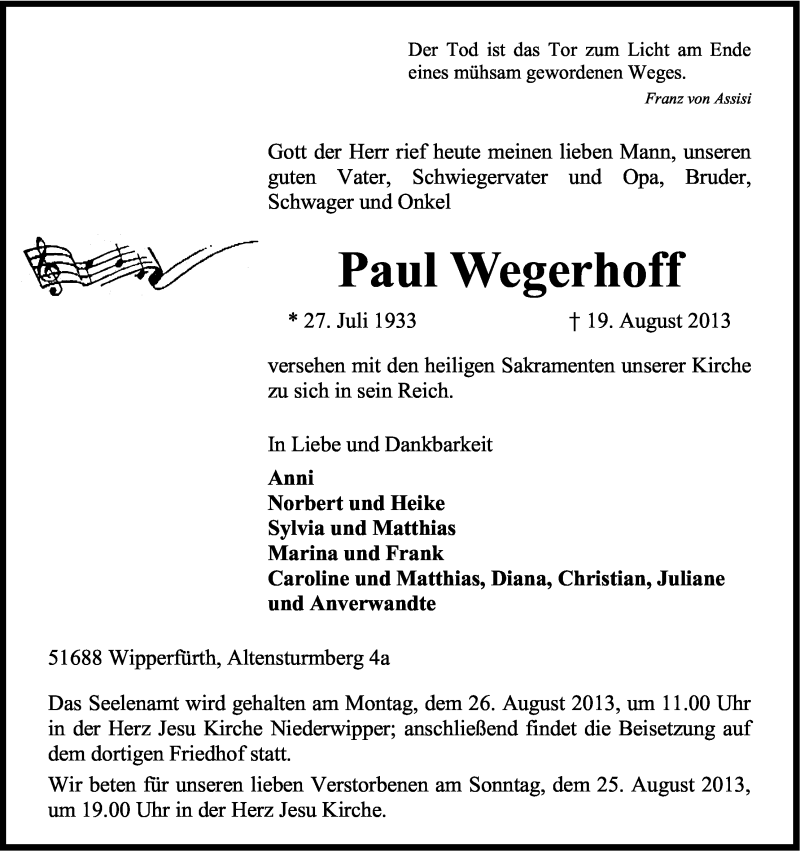  Traueranzeige für Paul Wegerhoff vom 22.08.2013 aus Kölner Stadt-Anzeiger / Kölnische Rundschau / Express
