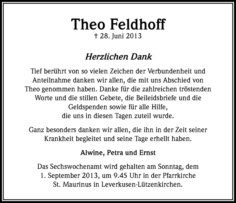  Traueranzeige für Theo Feldhoff vom 24.08.2013 aus Kölner Stadt-Anzeiger / Kölnische Rundschau / Express