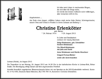 Anzeige von Christine Erlenkötter von Kölner Stadt-Anzeiger / Kölnische Rundschau / Express