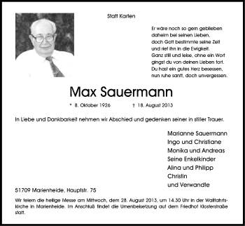 Anzeige von Max Sauermann von Kölner Stadt-Anzeiger / Kölnische Rundschau / Express