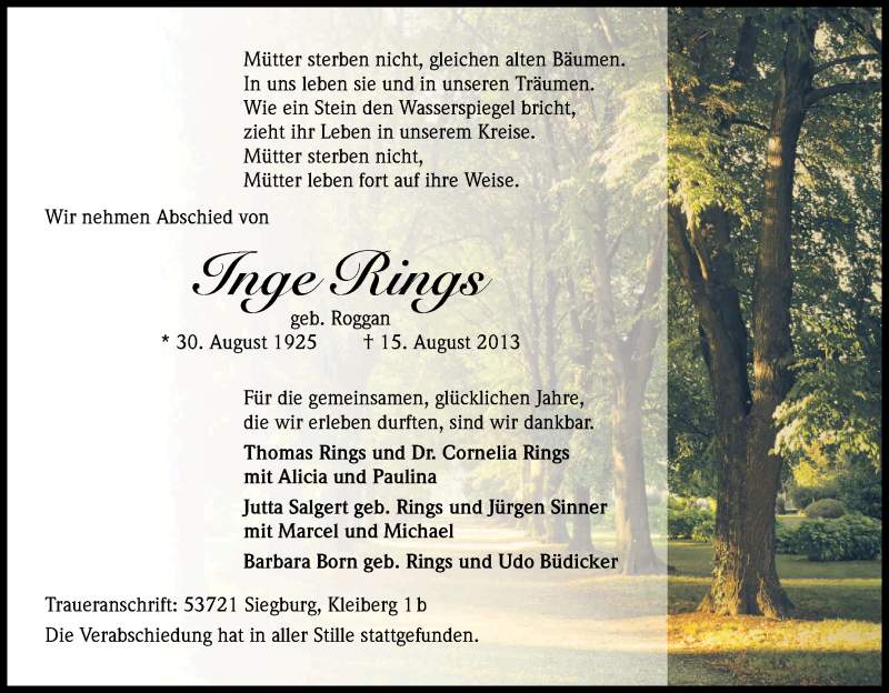  Traueranzeige für Inge Rings vom 31.08.2013 aus Kölner Stadt-Anzeiger / Kölnische Rundschau / Express
