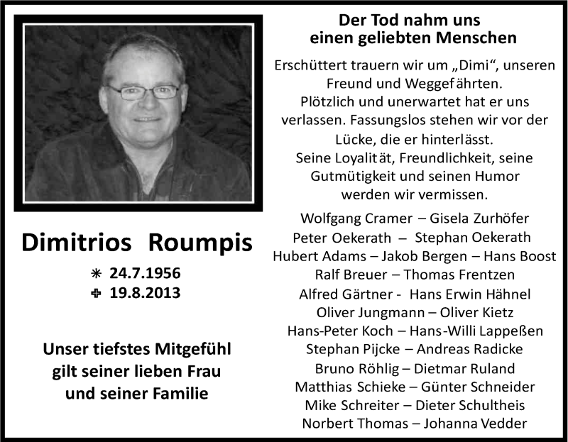  Traueranzeige für Dimitrios Roumpis vom 22.08.2013 aus Kölner Stadt-Anzeiger / Kölnische Rundschau / Express