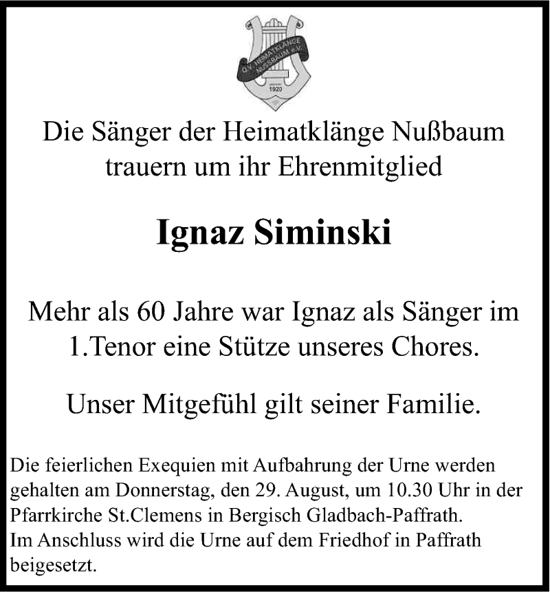  Traueranzeige für Ignaz Siminski vom 23.08.2013 aus Kölner Stadt-Anzeiger / Kölnische Rundschau / Express
