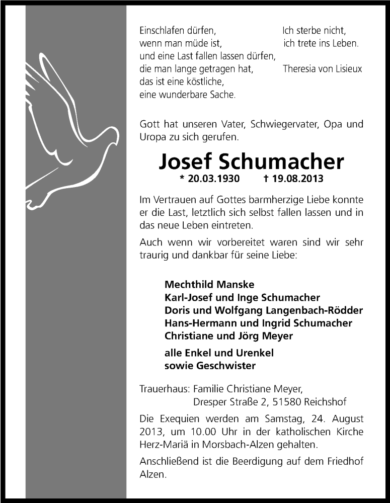  Traueranzeige für Josef Schumacher vom 22.08.2013 aus Kölner Stadt-Anzeiger / Kölnische Rundschau / Express