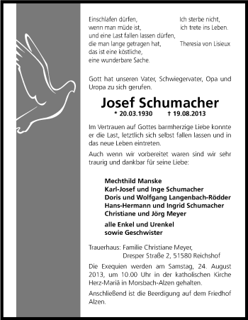 Anzeige von Josef Schumacher von Kölner Stadt-Anzeiger / Kölnische Rundschau / Express