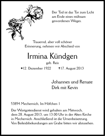 Anzeige von Irmina Kündgen von Kölner Stadt-Anzeiger / Kölnische Rundschau / Express
