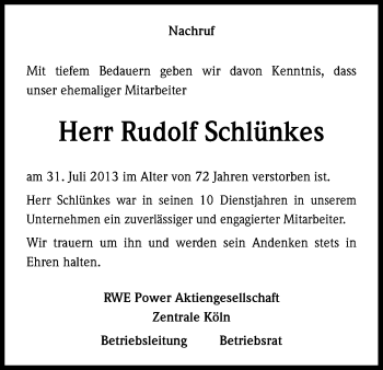 Anzeige von Rudolf Schlünkes von Kölner Stadt-Anzeiger / Kölnische Rundschau / Express