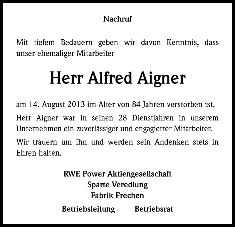 Traueranzeige für Alfred Aigner vom 22.08.2013 aus Kölner Stadt-Anzeiger / Kölnische Rundschau / Express
