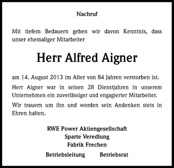 Anzeige von Alfred Aigner von Kölner Stadt-Anzeiger / Kölnische Rundschau / Express