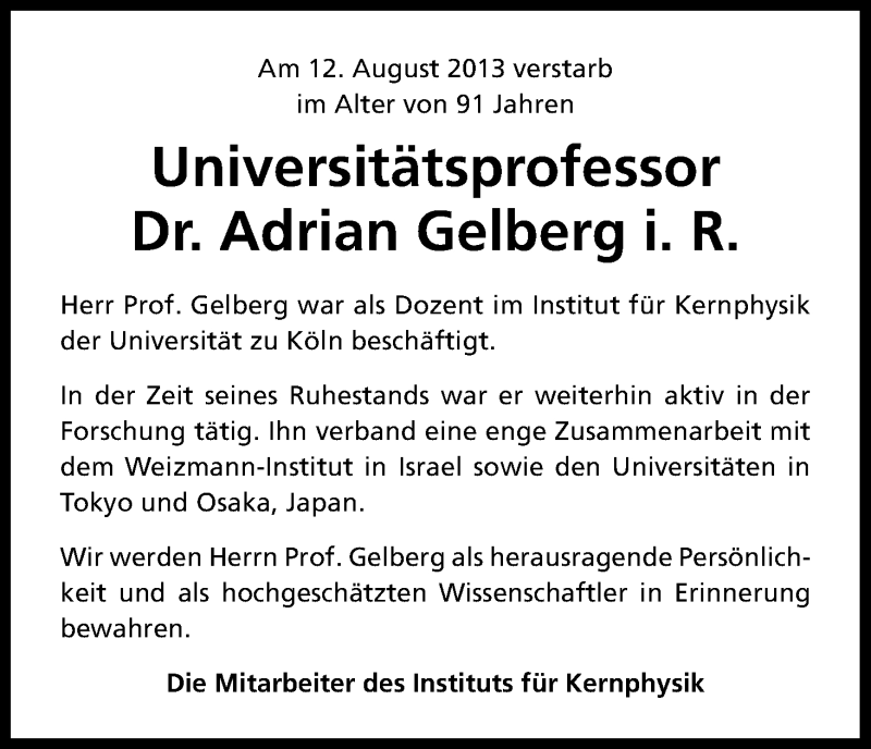  Traueranzeige für Adrian Gelberg vom 24.08.2013 aus Kölner Stadt-Anzeiger / Kölnische Rundschau / Express