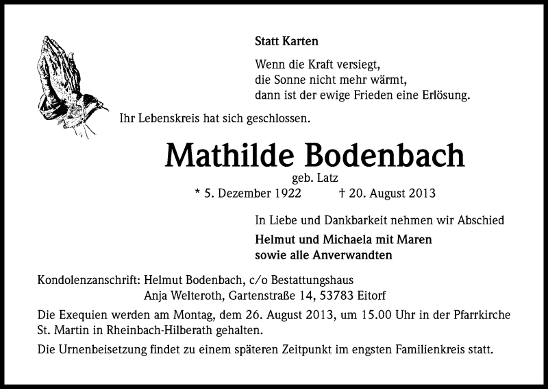  Traueranzeige für Mathilde Bodenbach vom 23.08.2013 aus Kölner Stadt-Anzeiger / Kölnische Rundschau / Express
