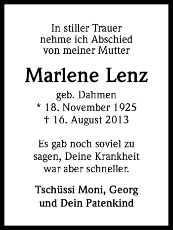 Anzeige von Marlene Lenz von Kölner Stadt-Anzeiger / Kölnische Rundschau / Express