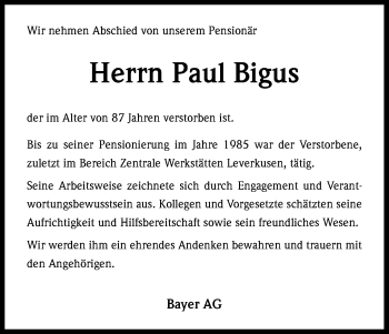 Anzeige von Paul Bigus von Kölner Stadt-Anzeiger / Kölnische Rundschau / Express