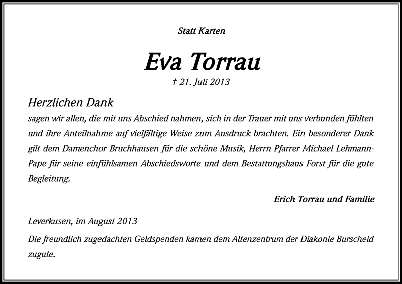  Traueranzeige für Eva Torrau vom 24.08.2013 aus Kölner Stadt-Anzeiger / Kölnische Rundschau / Express