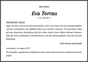 Anzeige von Eva Torrau von Kölner Stadt-Anzeiger / Kölnische Rundschau / Express