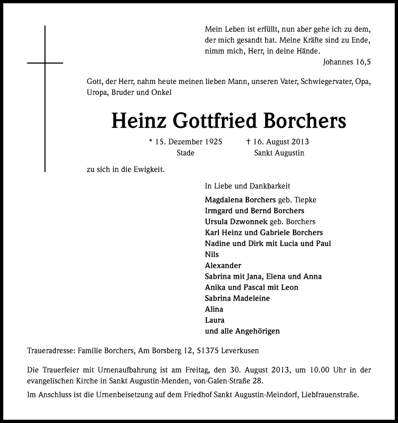  Traueranzeige für Heinz Gottfried Borchers vom 24.08.2013 aus Kölner Stadt-Anzeiger / Kölnische Rundschau / Express