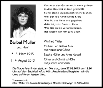 Anzeige von Bärbel Müller von Kölner Stadt-Anzeiger / Kölnische Rundschau / Express