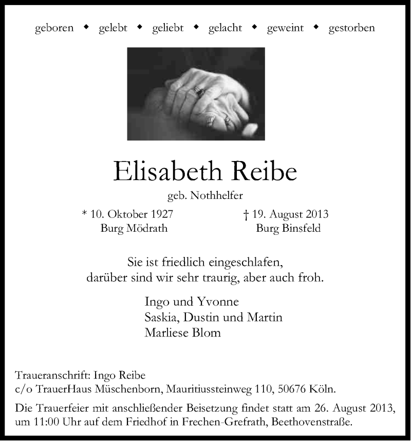  Traueranzeige für Elisabeth Reibe vom 24.08.2013 aus Kölner Stadt-Anzeiger / Kölnische Rundschau / Express