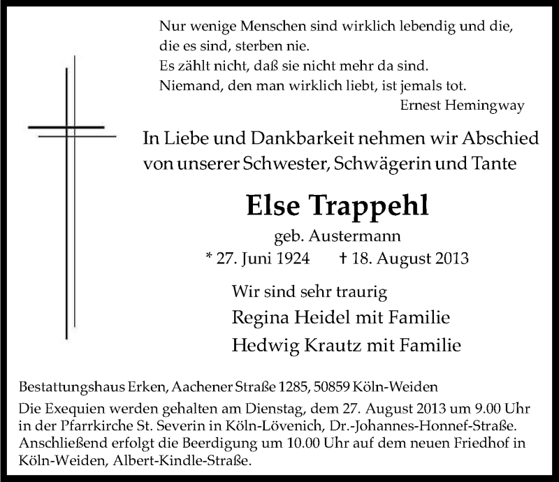  Traueranzeige für Else Trappehl vom 24.08.2013 aus Kölner Stadt-Anzeiger / Kölnische Rundschau / Express