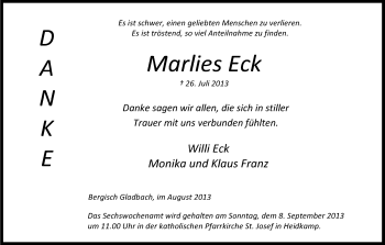 Anzeige von Marlies Eck von Kölner Stadt-Anzeiger / Kölnische Rundschau / Express
