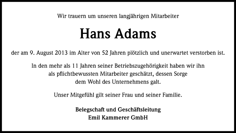  Traueranzeige für Hans Adams vom 24.08.2013 aus Kölner Stadt-Anzeiger / Kölnische Rundschau / Express