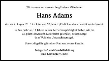 Anzeige von Hans Adams von Kölner Stadt-Anzeiger / Kölnische Rundschau / Express
