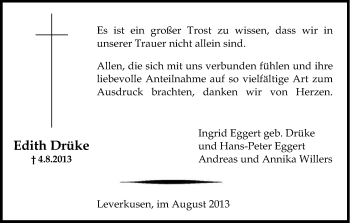 Anzeige von Edith Drüke von Kölner Stadt-Anzeiger / Kölnische Rundschau / Express