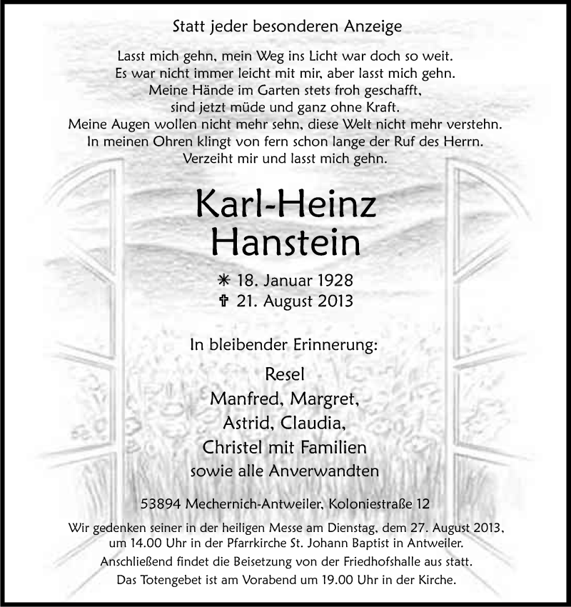 Traueranzeige für Karl-Heinz Hanstein vom 23.08.2013 aus Kölner Stadt-Anzeiger / Kölnische Rundschau / Express