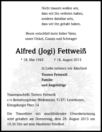 Anzeige von Alfred Fettweiß von Kölner Stadt-Anzeiger / Kölnische Rundschau / Express