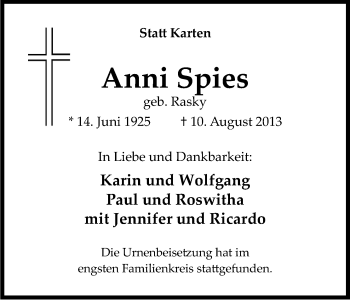 Anzeige von Anni Spies von Kölner Stadt-Anzeiger / Kölnische Rundschau / Express