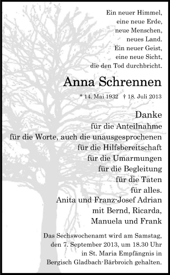 Anzeige von Anna Schrennen von Kölner Stadt-Anzeiger / Kölnische Rundschau / Express