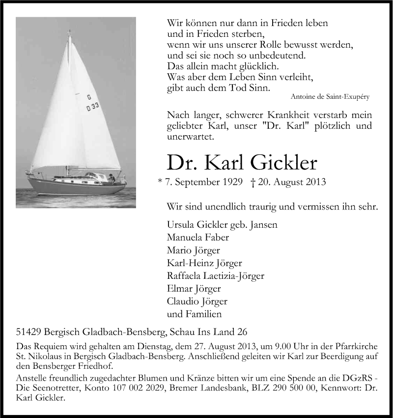  Traueranzeige für Karl Gickler vom 24.08.2013 aus Kölner Stadt-Anzeiger / Kölnische Rundschau / Express