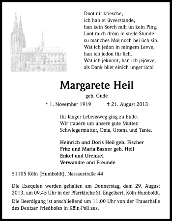 Anzeige von Margarete Heil von Kölner Stadt-Anzeiger / Kölnische Rundschau / Express