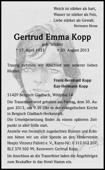 Anzeige von Gertrud Emma Kopp von Kölner Stadt-Anzeiger / Kölnische Rundschau / Express