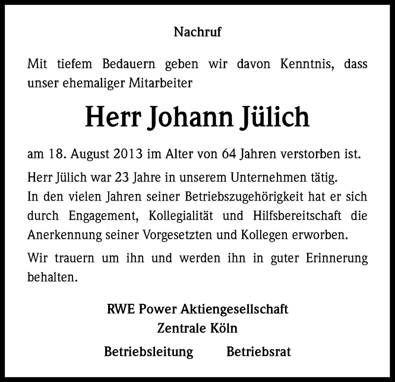  Traueranzeige für Johann Jülich vom 30.08.2013 aus Kölner Stadt-Anzeiger / Kölnische Rundschau / Express