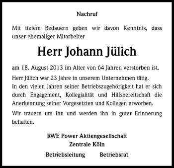 Anzeige von Johann Jülich von Kölner Stadt-Anzeiger / Kölnische Rundschau / Express