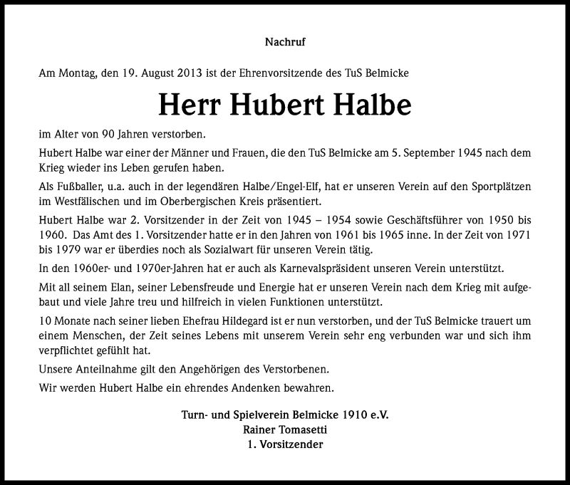  Traueranzeige für Hubert Halbe vom 24.08.2013 aus Kölner Stadt-Anzeiger / Kölnische Rundschau / Express
